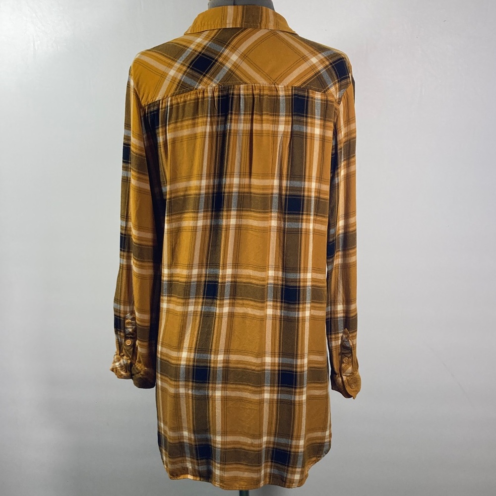 Plaid Shirt/Top Women Size M Mustard & Black Button Up Collar Pockets Soft Comfy - Picture 6 of 9
